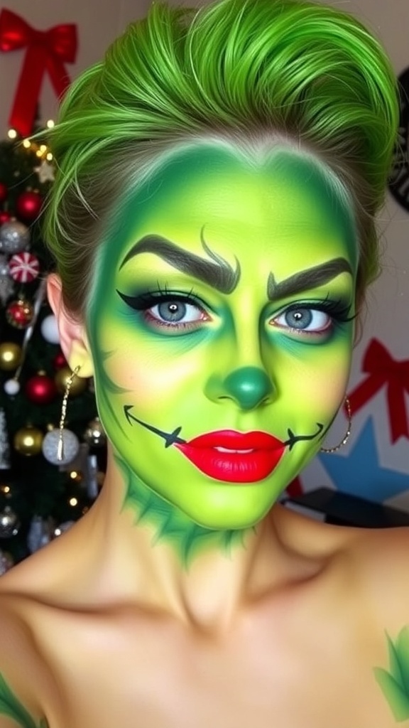 Grinch-inspired makeup with green face paint, red lips, and black eyeliner, showcasing a playful holiday look.